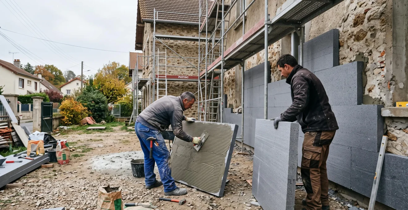 Deux artisans posent des panneaux isolants sur la façade d'une maison.