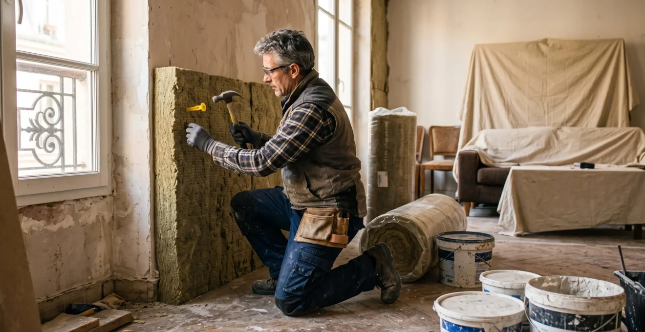 Un artisan fixe des panneaux isolants sur un mur intérieur en travaux.