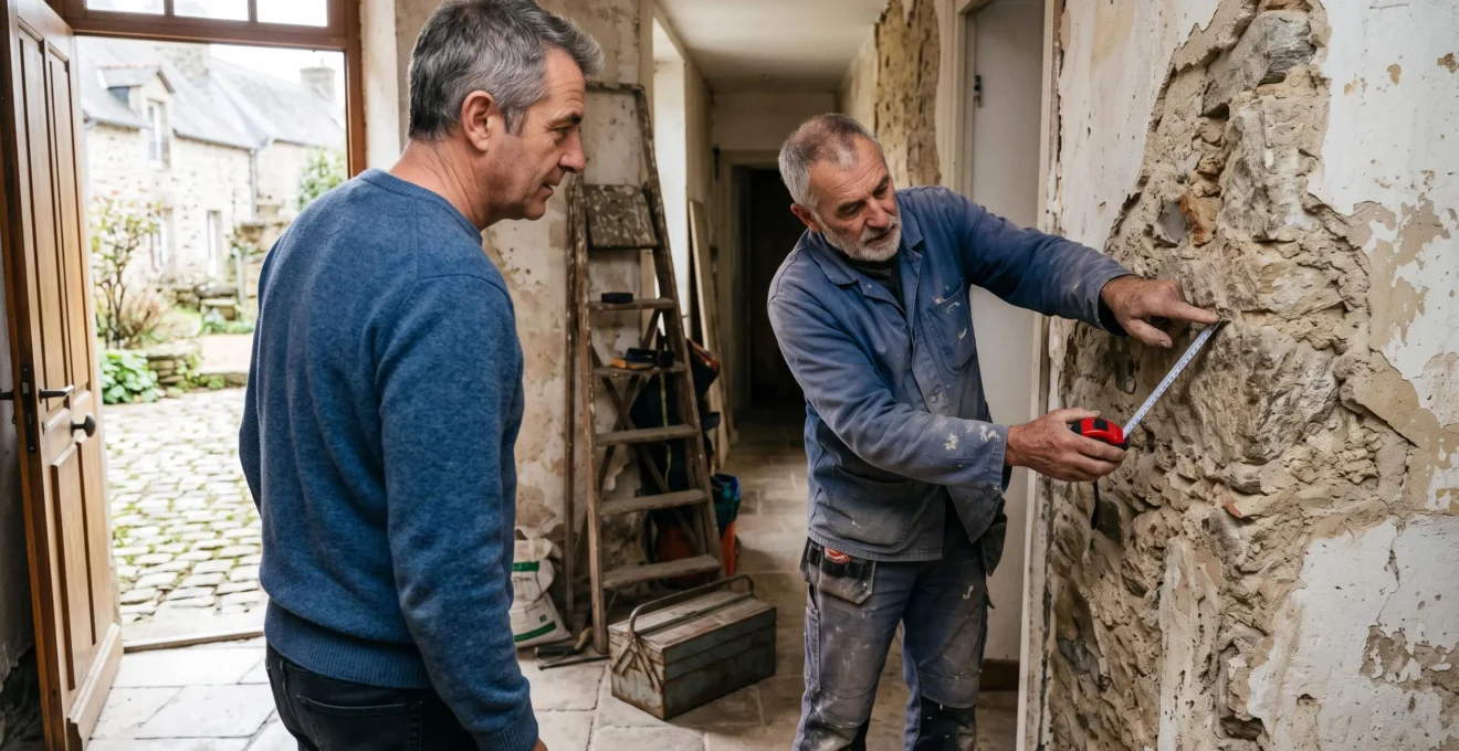 Un artisan montre un angle de mur à un propriétaire lors d'un relevé.